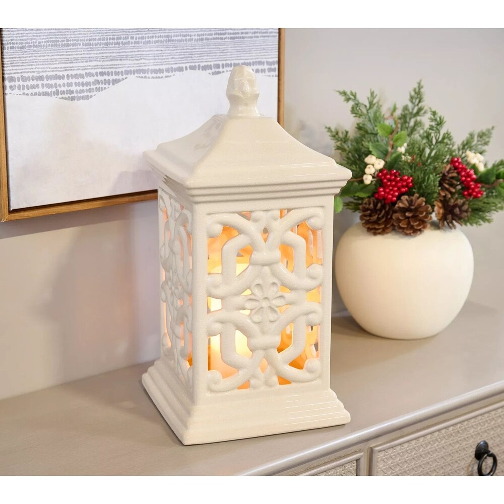 *As Is* Valerie Parr Hill 15" Flickering Flame Ceramic Lantern Ivory Indoor/Out
